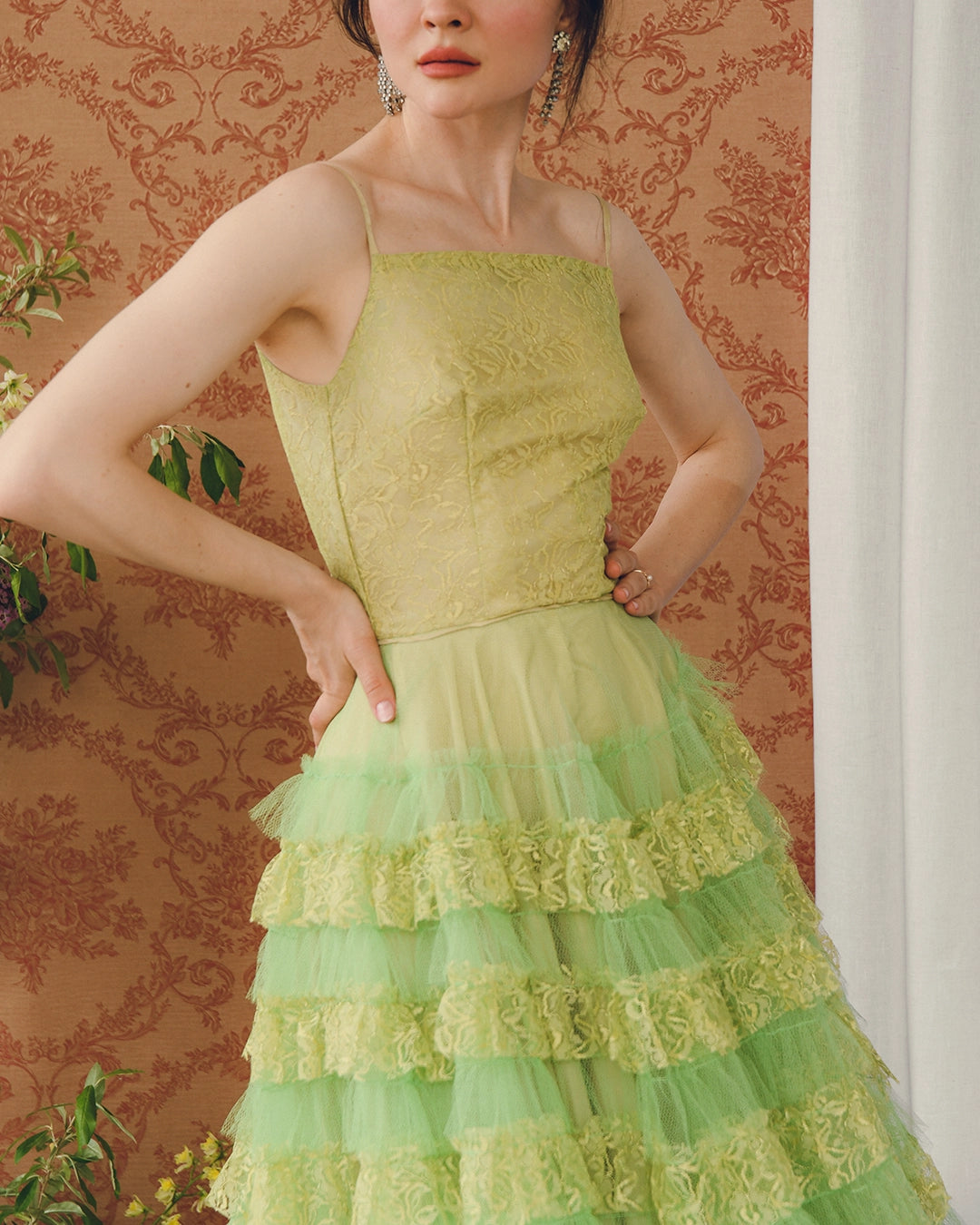 VINTAGE 1950s CHARTREUSE LACE CUPCAKE DRESS