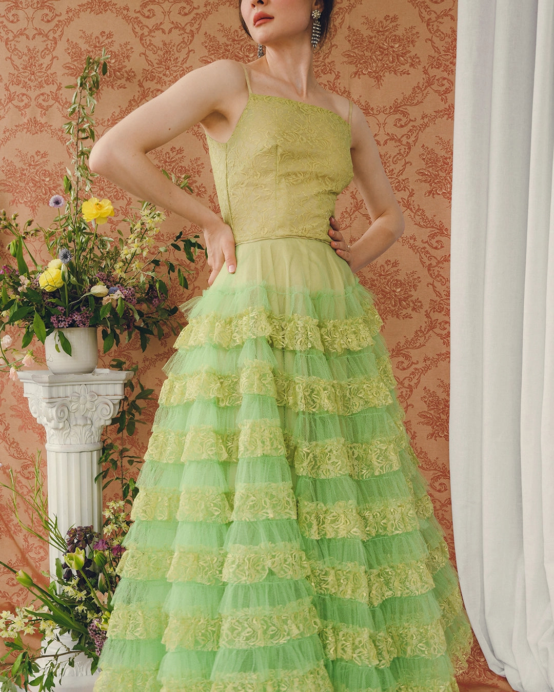 VINTAGE 1950s CHARTREUSE LACE CUPCAKE DRESS