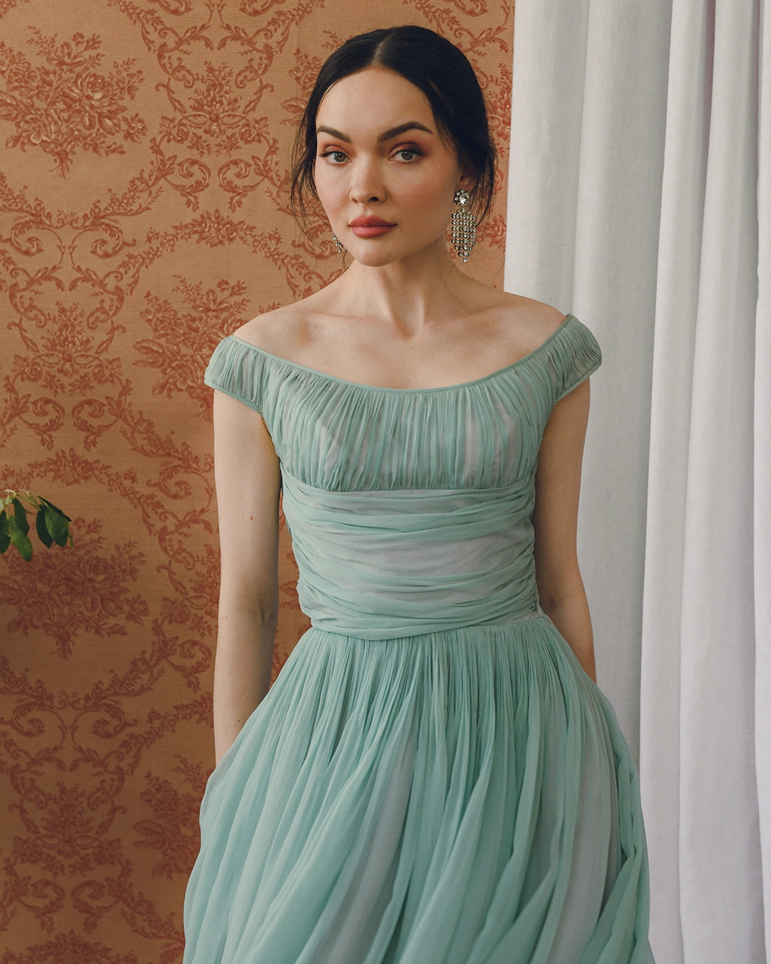Vintage 1950s Gathered Silk Chiffon Fit-And-Flare Dress