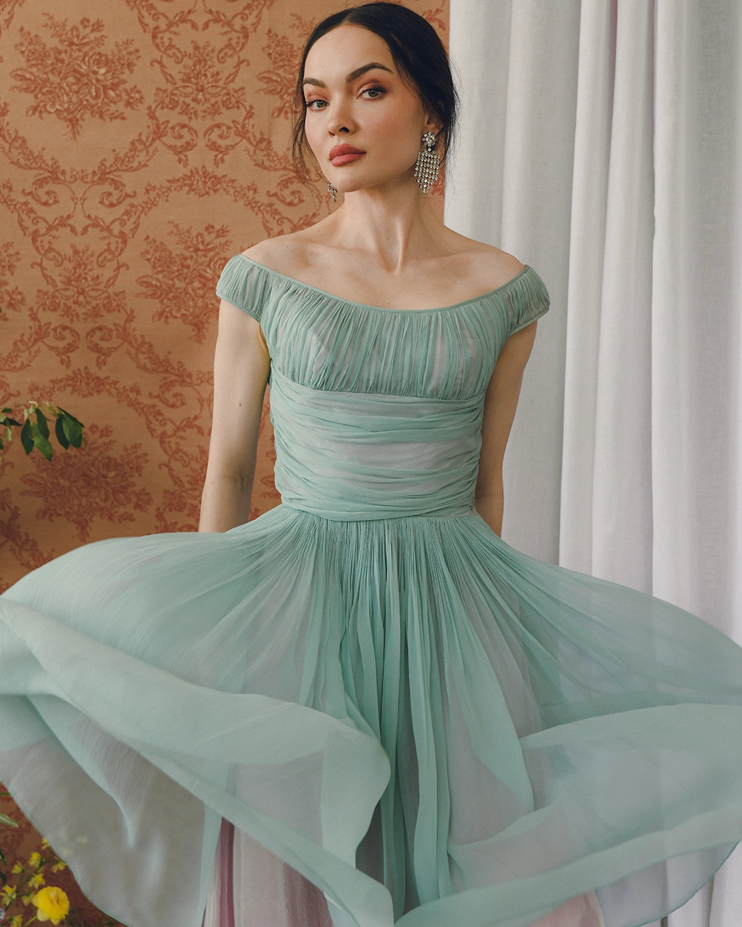 Vintage 1950s Gathered Silk Chiffon Fit-And-Flare Dress