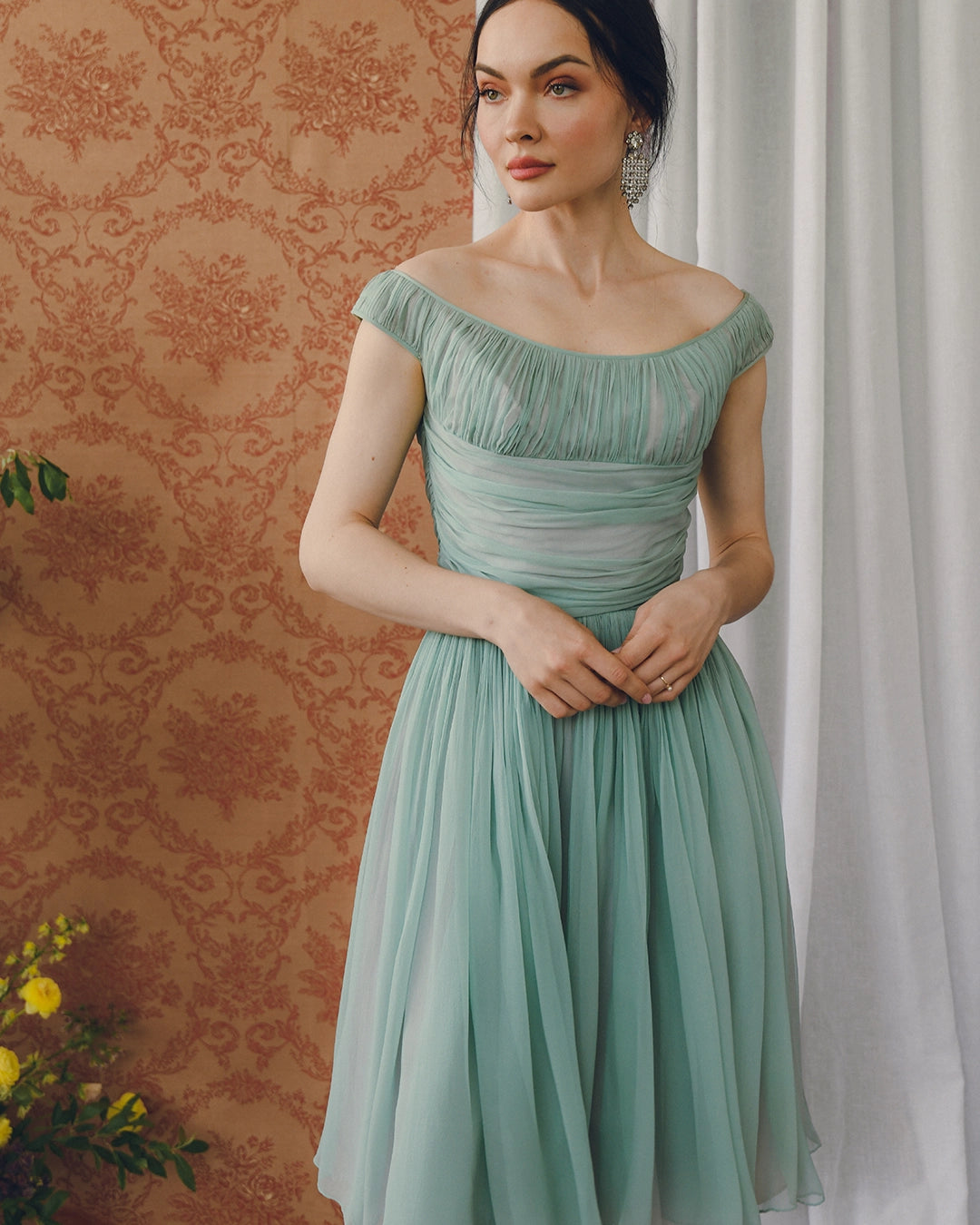 VINTAGE 1950s GATHERED SILK CHIFFON FIT-AND-FLARE DRESS