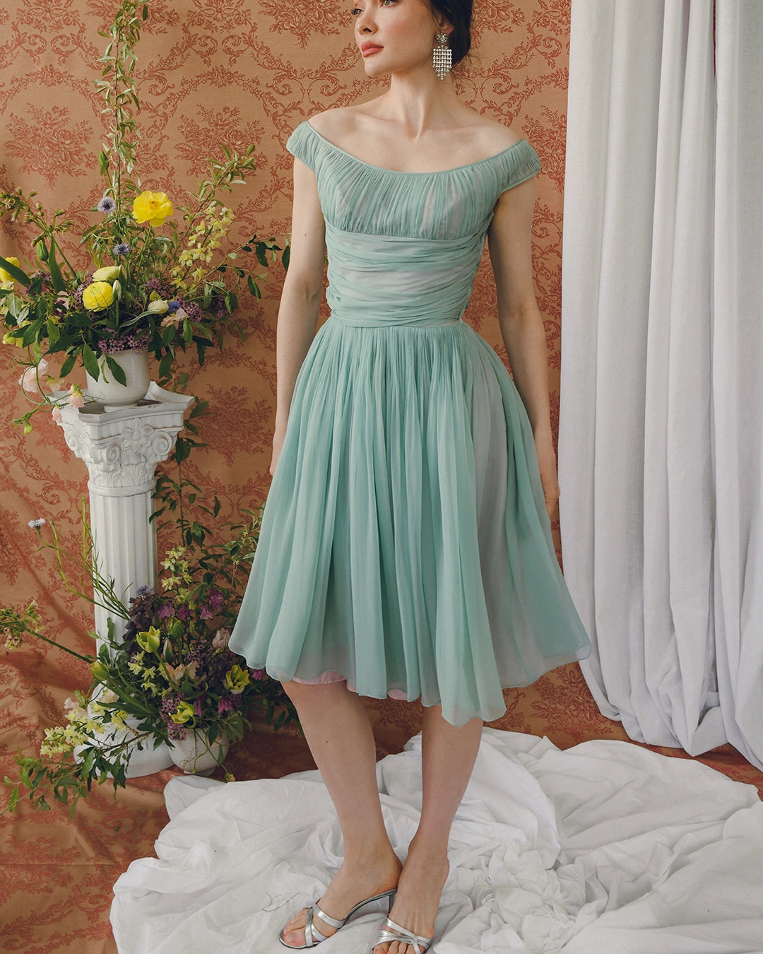 VINTAGE 1950s GATHERED SILK CHIFFON FIT-AND-FLARE DRESS