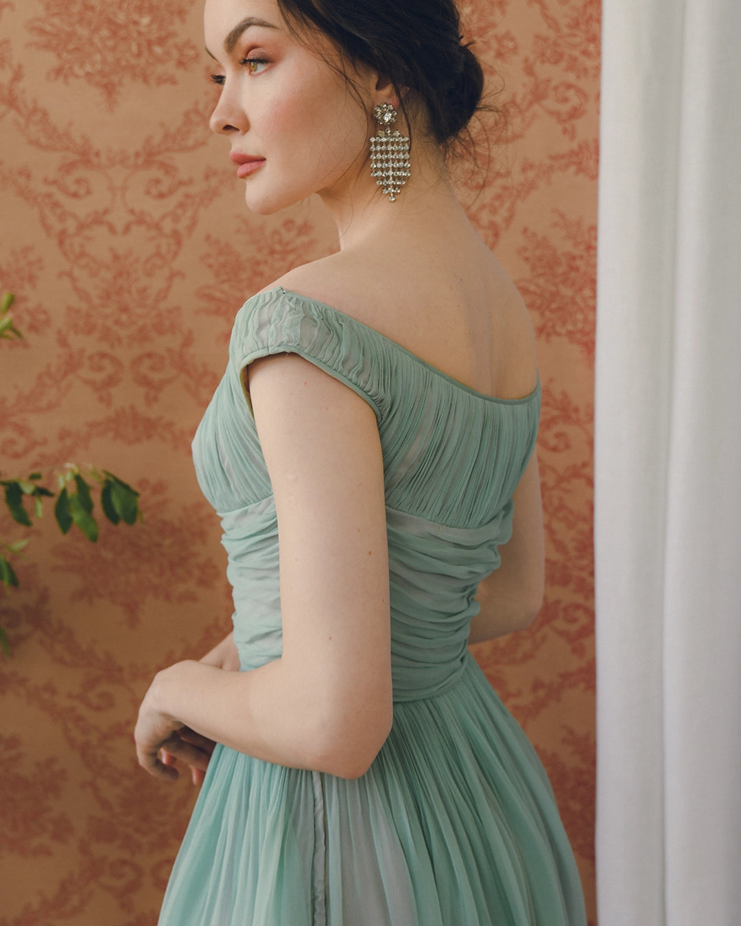 Vintage 1950s Gathered Silk Chiffon Fit-And-Flare Dress