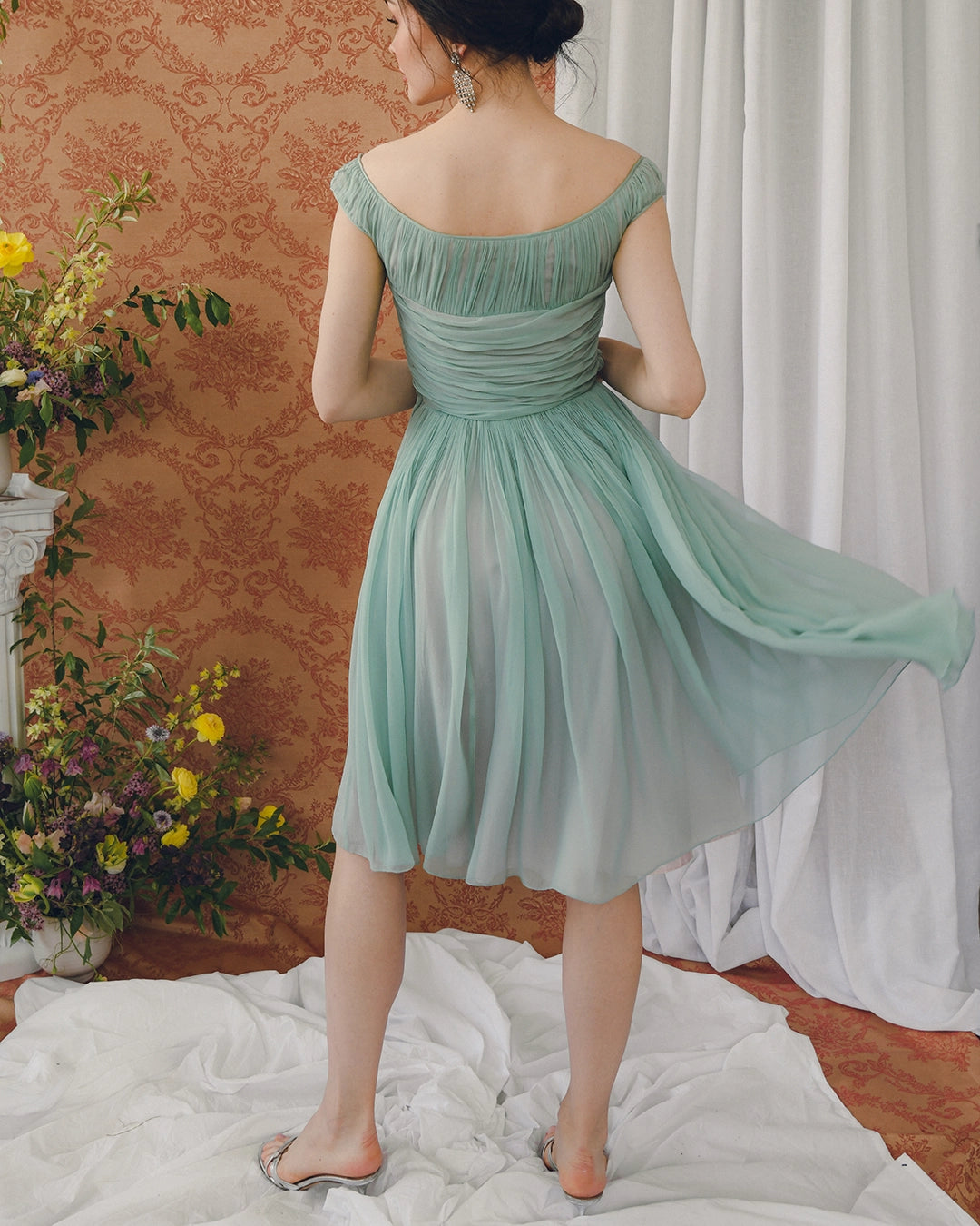 VINTAGE 1950s GATHERED SILK CHIFFON FIT-AND-FLARE DRESS