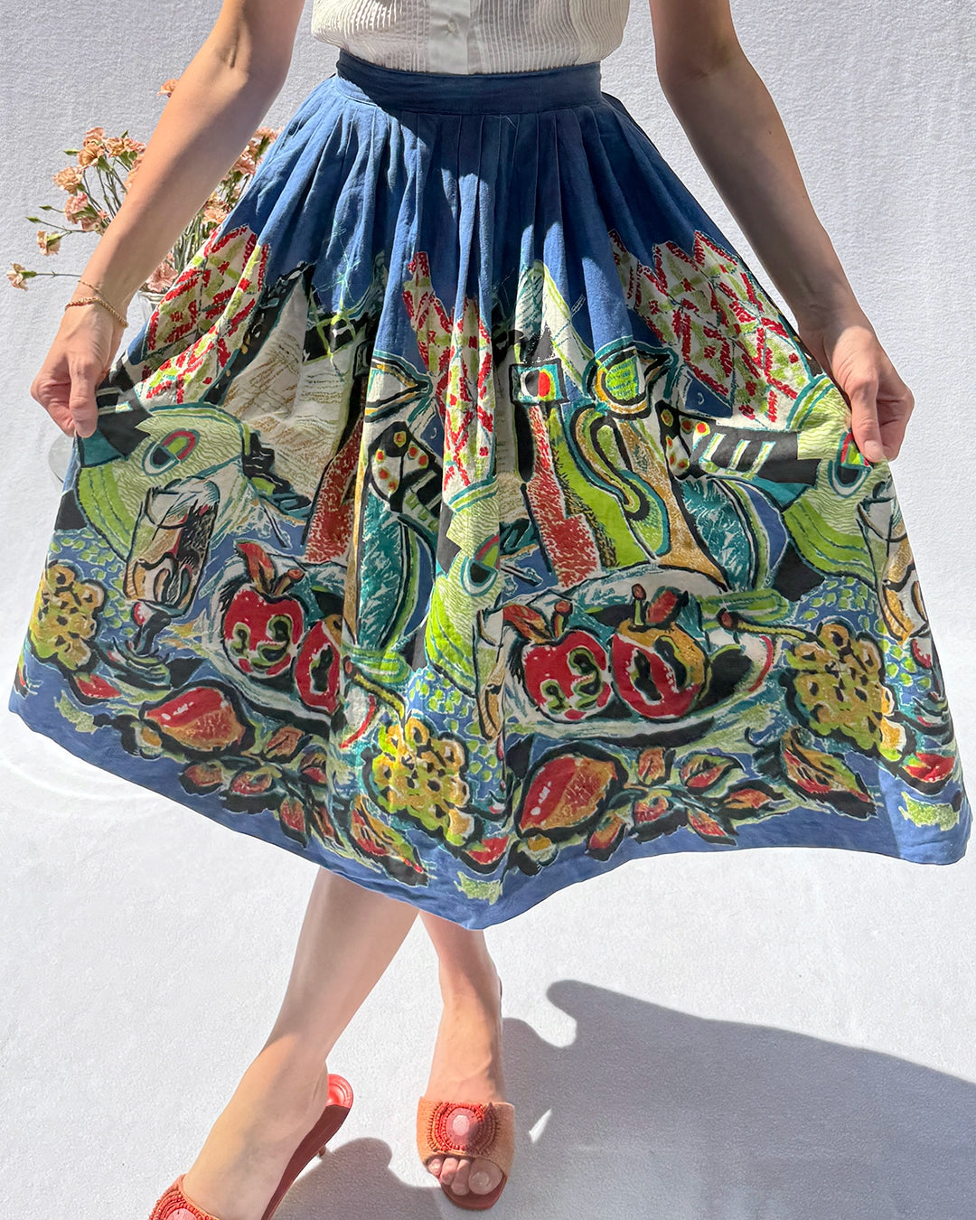 Vintage 1950s Novelty Painting Print Full Skirt
