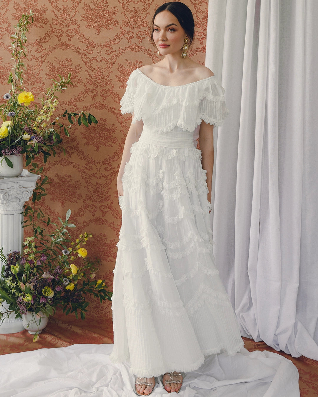 Vintage 1950s Off-the-Shoulder Pintucked Mexican Wedding Dress with Scalloped Lace Trim