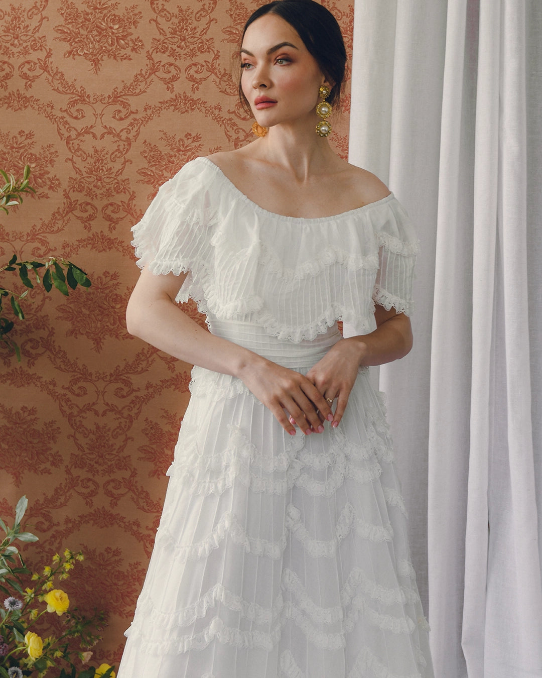 Vintage 1950s Off-the-Shoulder Pintucked Mexican Wedding Dress with Scalloped Lace Trim