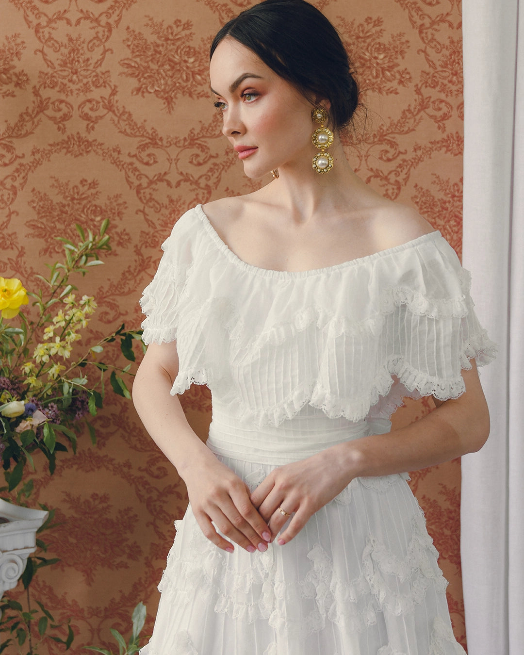 Vintage 1950s Off-the-Shoulder Pintucked Mexican Wedding Dress with Scalloped Lace Trim