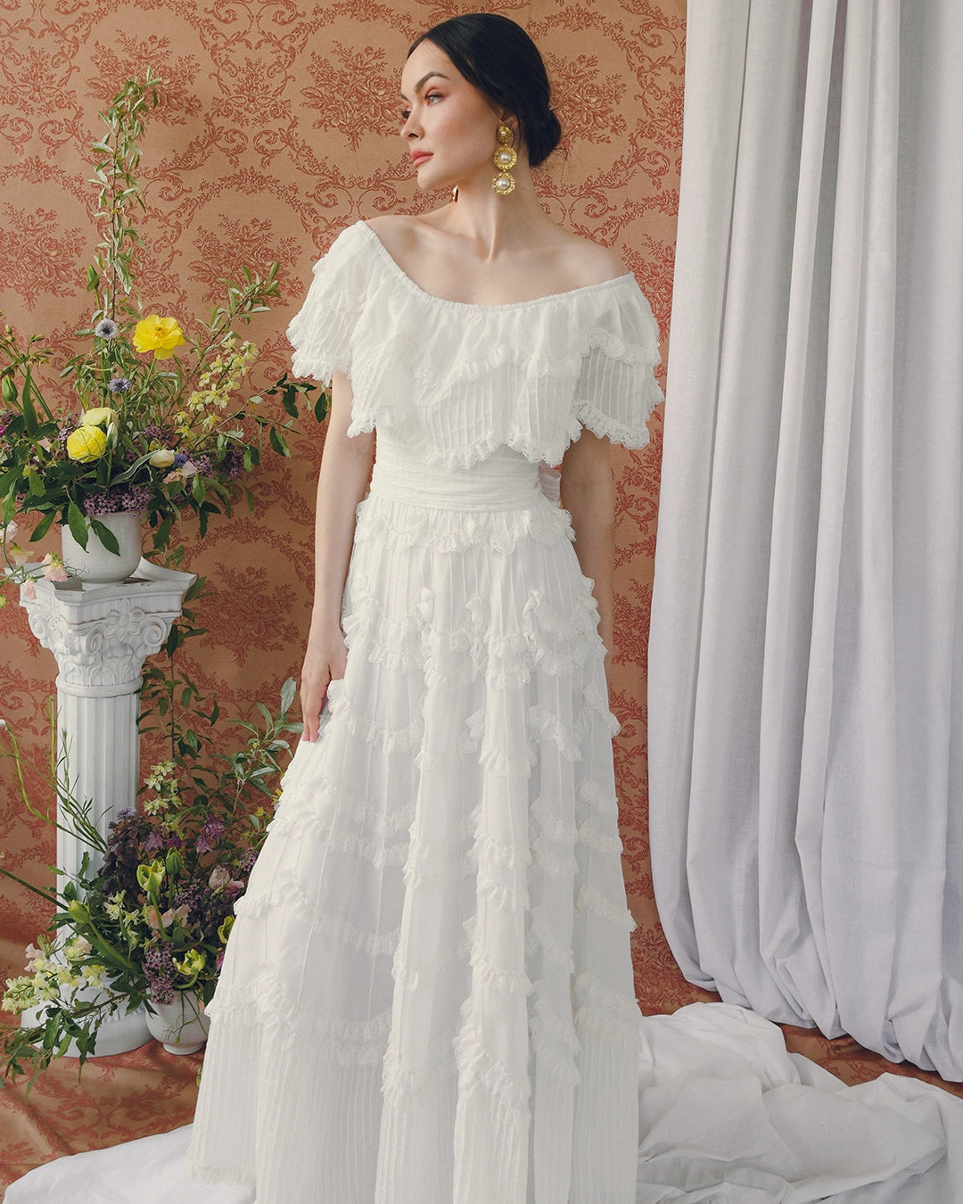 Vintage 1950s Off-the-Shoulder Pintucked Mexican Wedding Dress with Scalloped Lace Trim