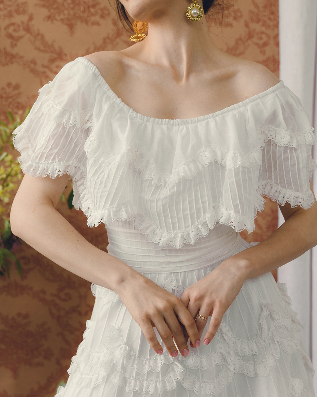 Vintage 1950s Off-the-Shoulder Pintucked Mexican Wedding Dress with Scalloped Lace Trim