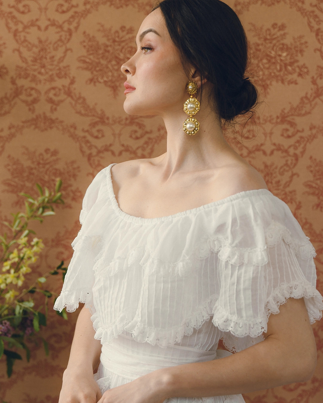 Vintage 1950s Off-the-Shoulder Pintucked Mexican Wedding Dress with Scalloped Lace Trim
