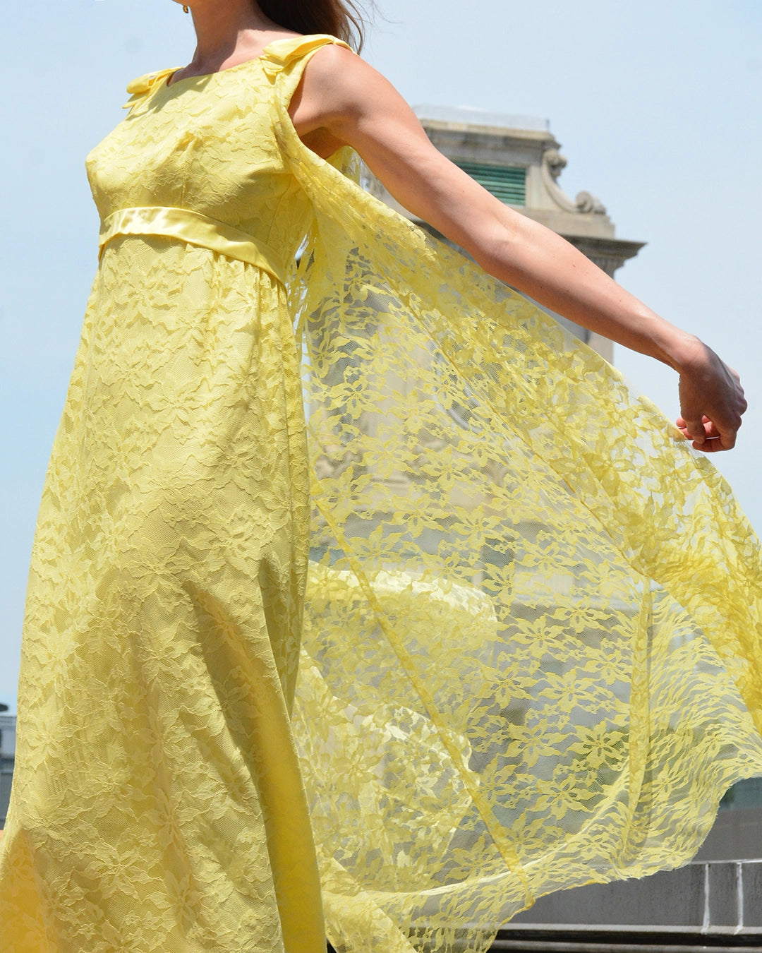 Vintage 1960s Empire Waist Lace Column Dress With Watteau Cape Back