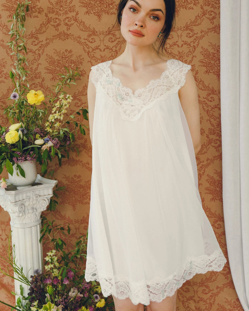 Vintage 1960s Ivory Peignoir Set With Blue Embroidery