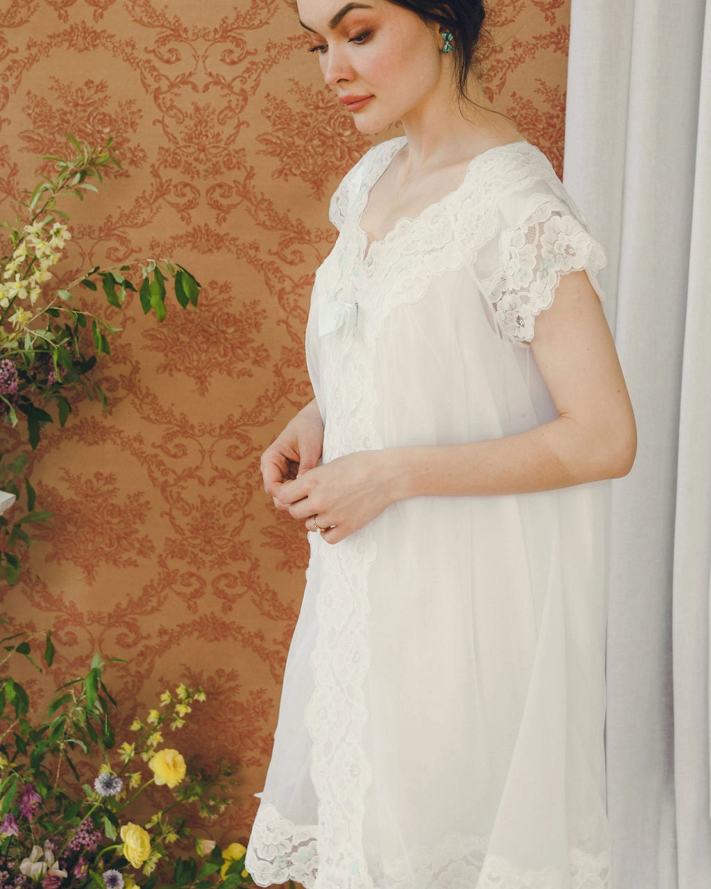 Vintage 1960s Ivory Peignoir Set With Blue Embroidery