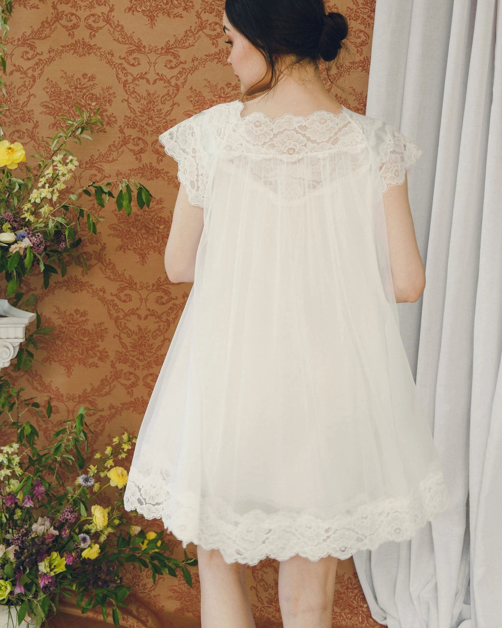 Vintage 1960s Ivory Peignoir Set With Blue Embroidery