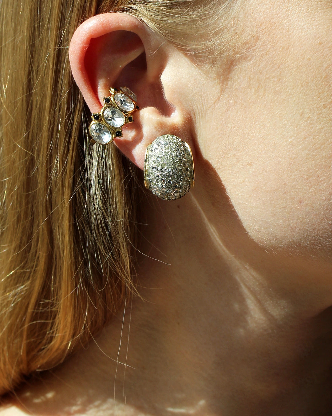 Vintage Oval-Cut Crystal Half Hoop Earrings