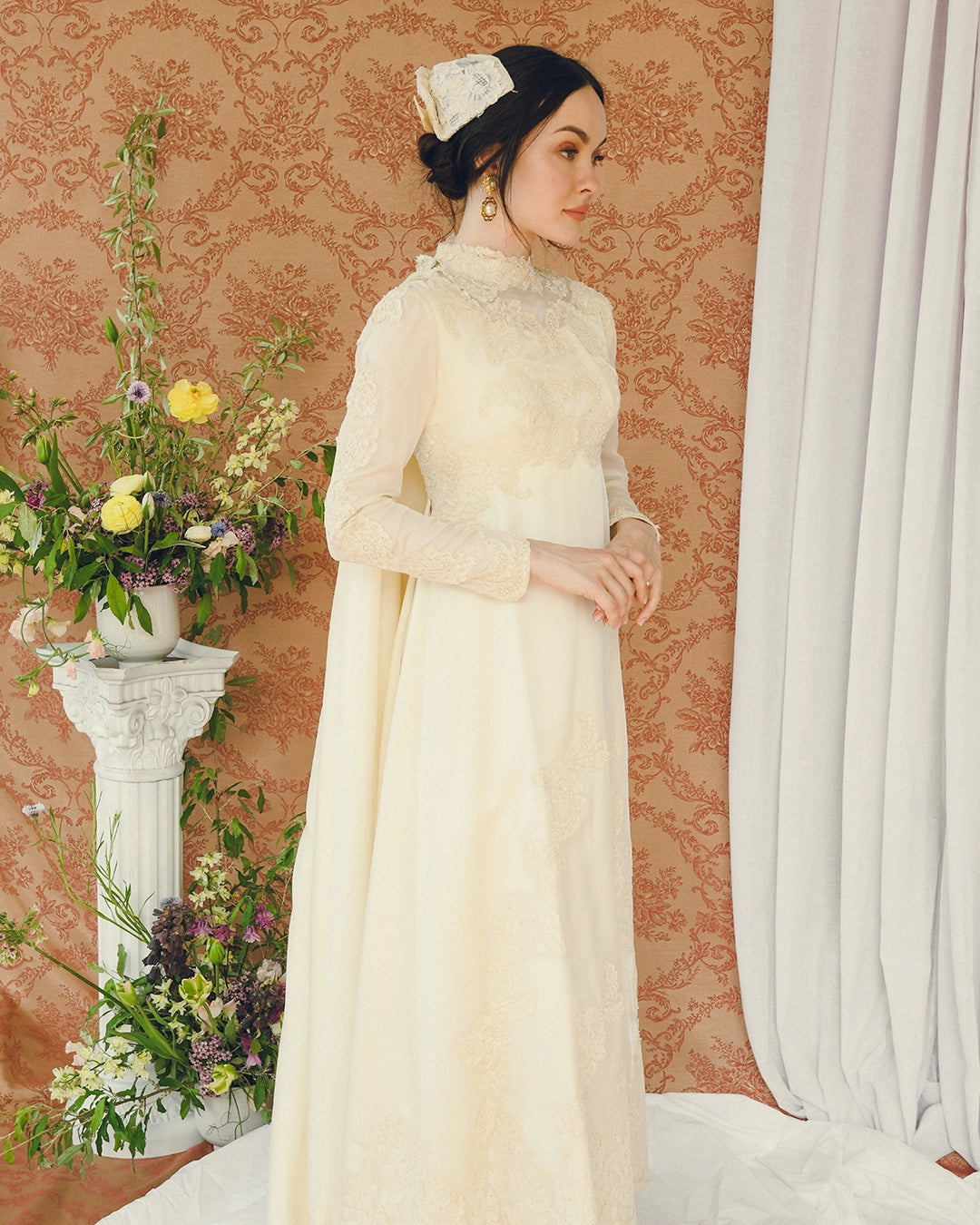 Vintage Long-Sleeve Court Train Wedding Gown With Detachable Watteau Cape; Matching Headpiece And Veil