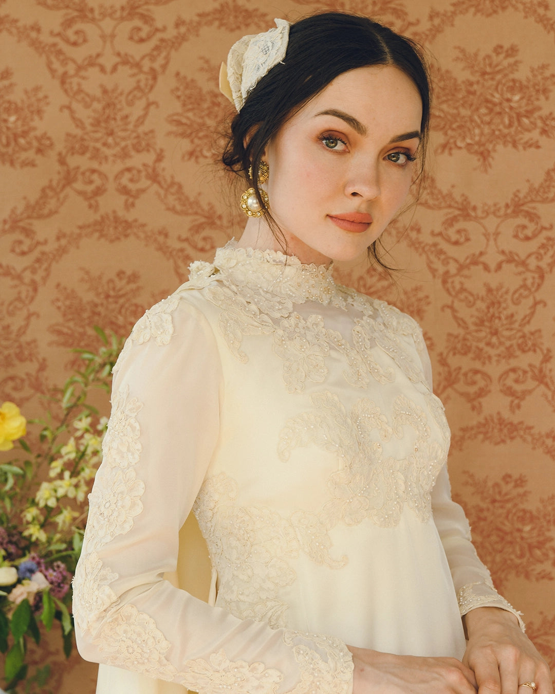 Vintage Long-Sleeve Court Train Wedding Gown With Detachable Watteau Cape; Matching Headpiece And Veil