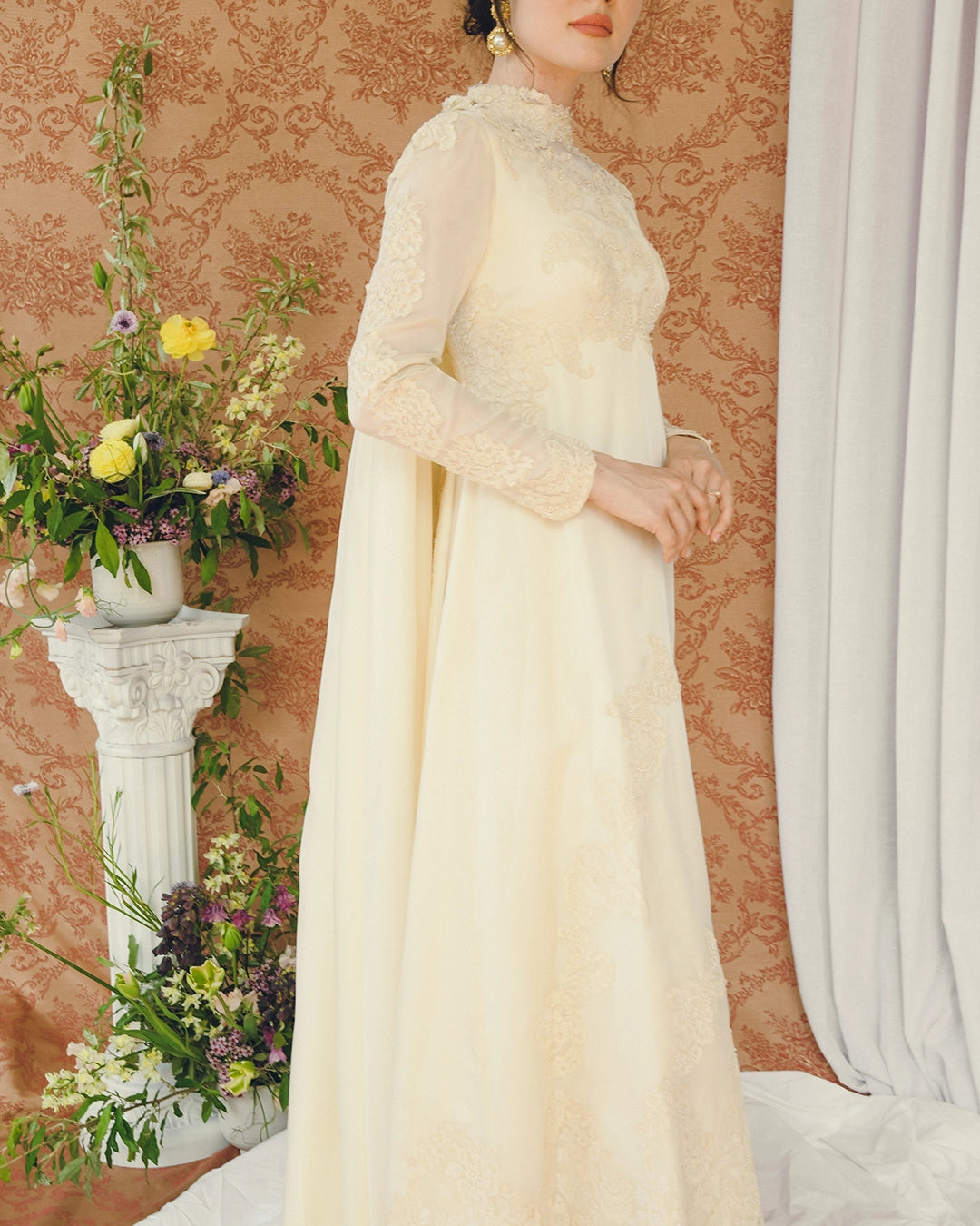 Vintage Long-Sleeve Court Train Wedding Gown With Detachable Watteau Cape; Matching Headpiece And Veil