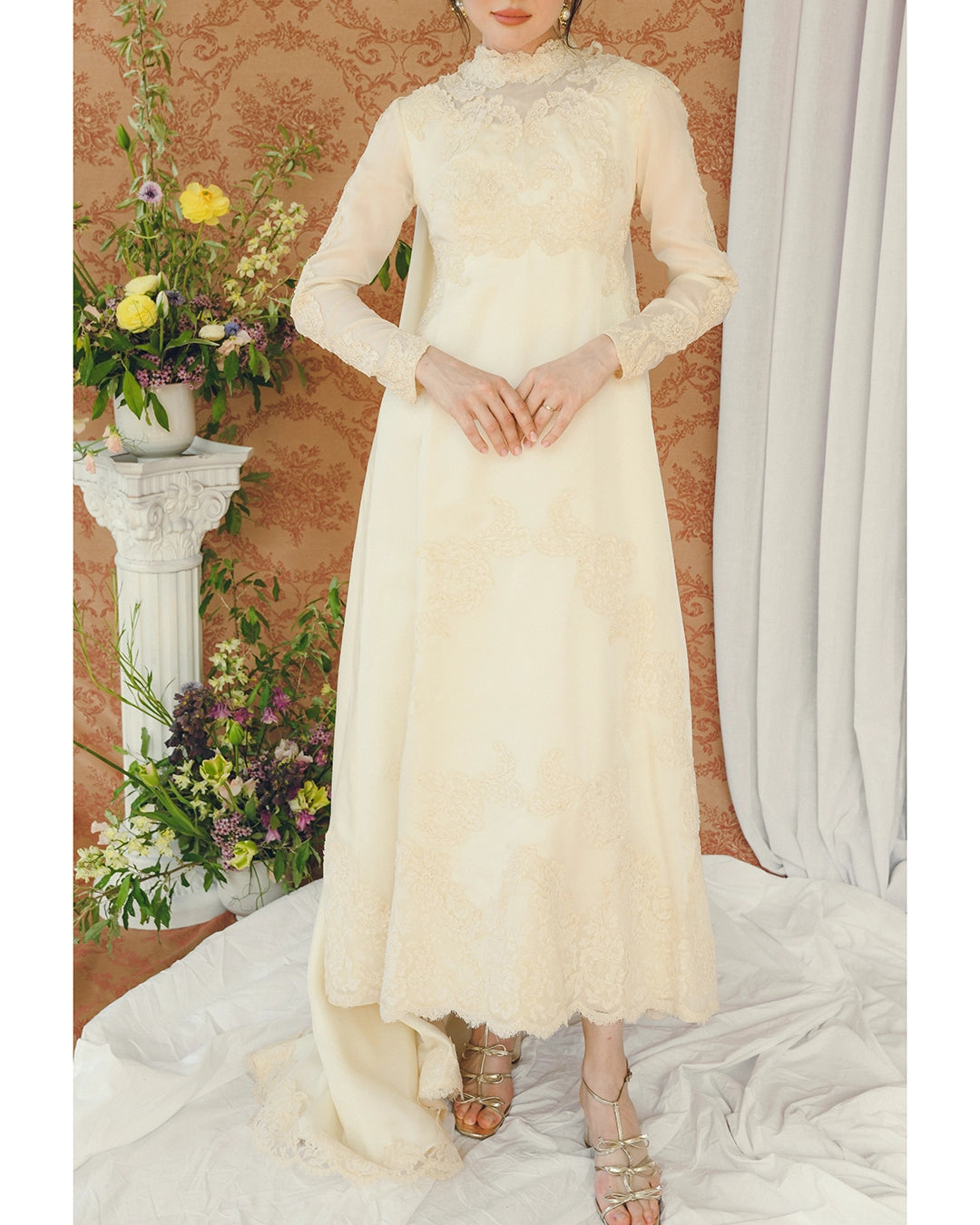 Vintage Long-Sleeve Court Train Wedding Gown With Detachable Watteau Cape; Matching Headpiece And Veil