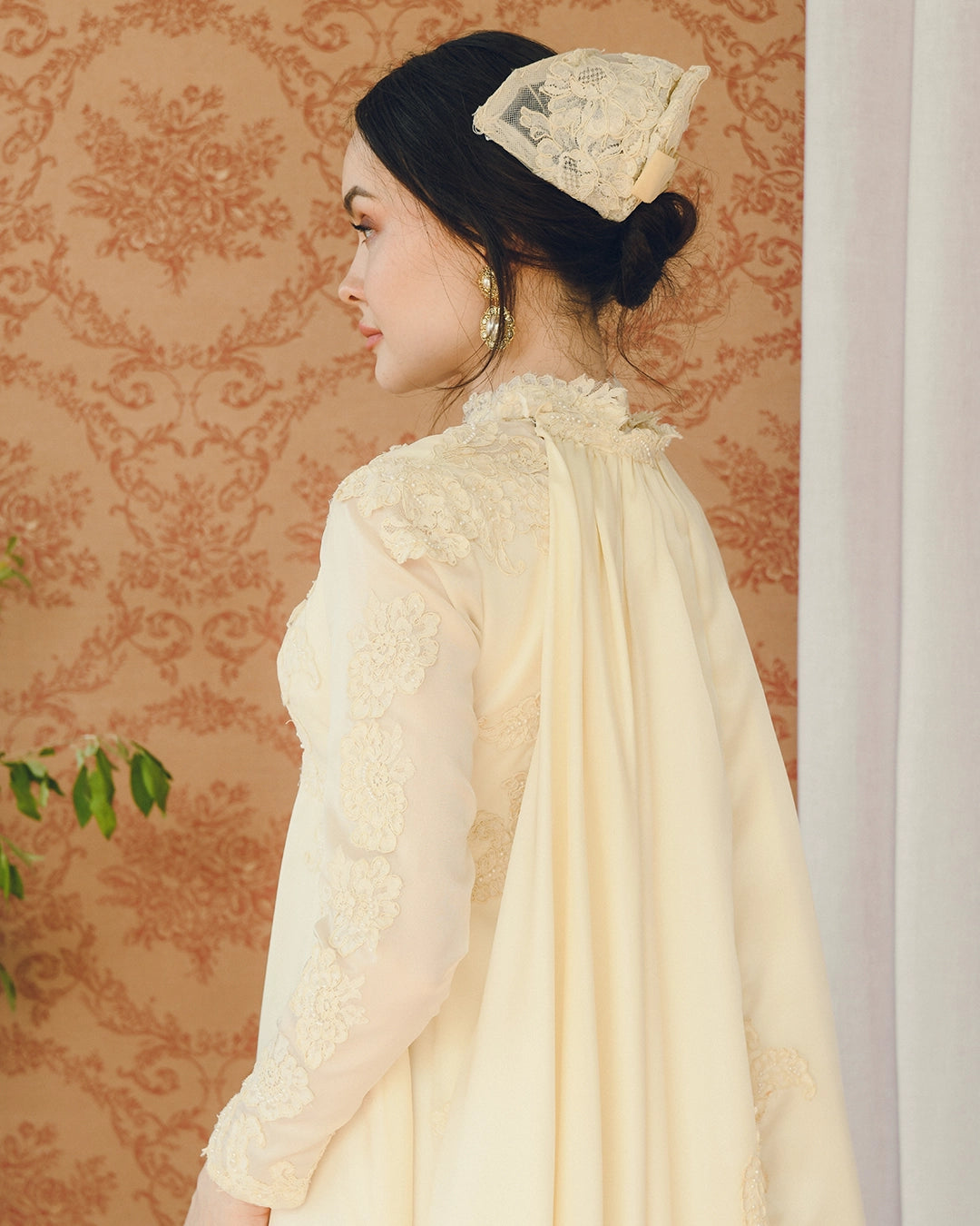 Vintage Long-Sleeve Court Train Wedding Gown With Detachable Watteau Cape; Matching Headpiece And Veil