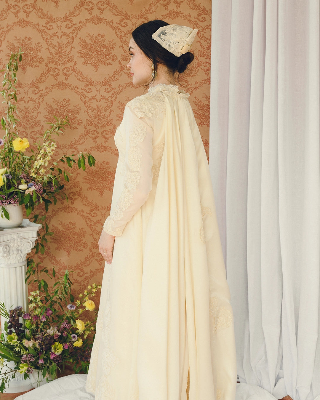 Vintage Long-Sleeve Court Train Wedding Gown With Detachable Watteau Cape; Matching Headpiece And Veil