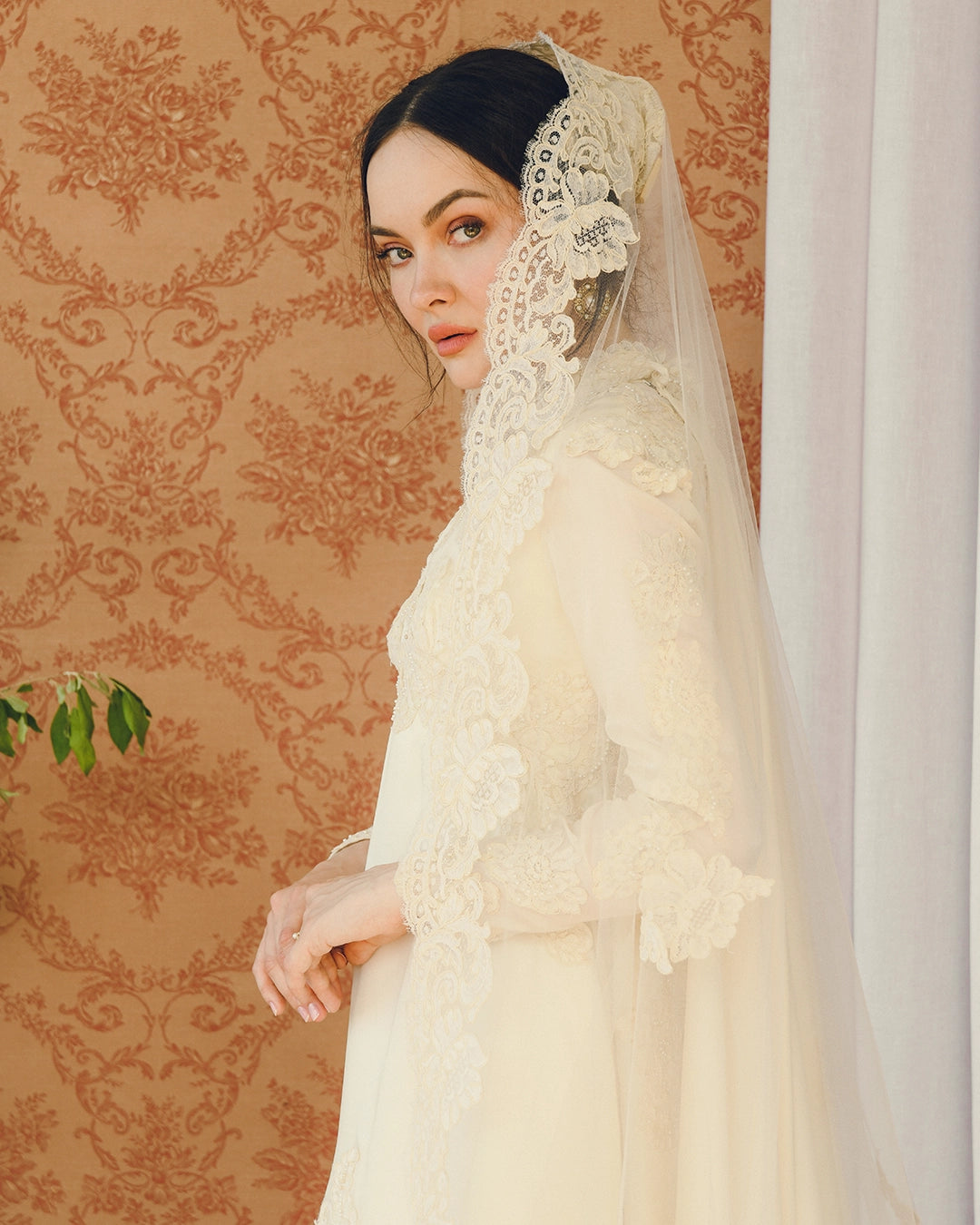 Vintage Long-Sleeve Court Train Wedding Gown With Detachable Watteau Cape; Matching Headpiece And Veil