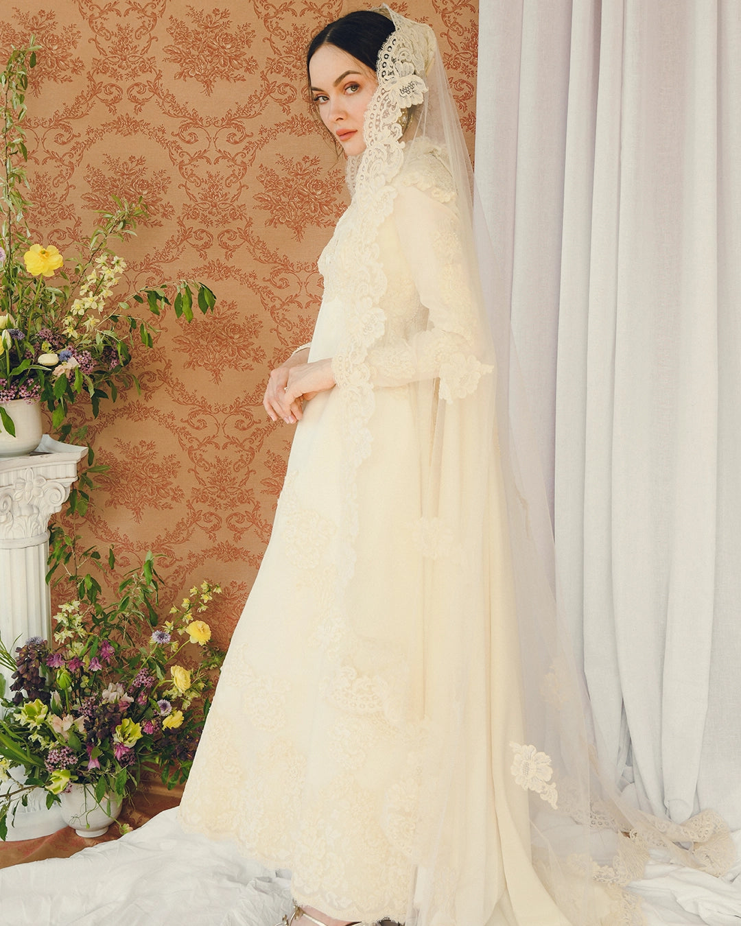 Vintage Long-Sleeve Court Train Wedding Gown With Detachable Watteau Cape; Matching Headpiece And Veil
