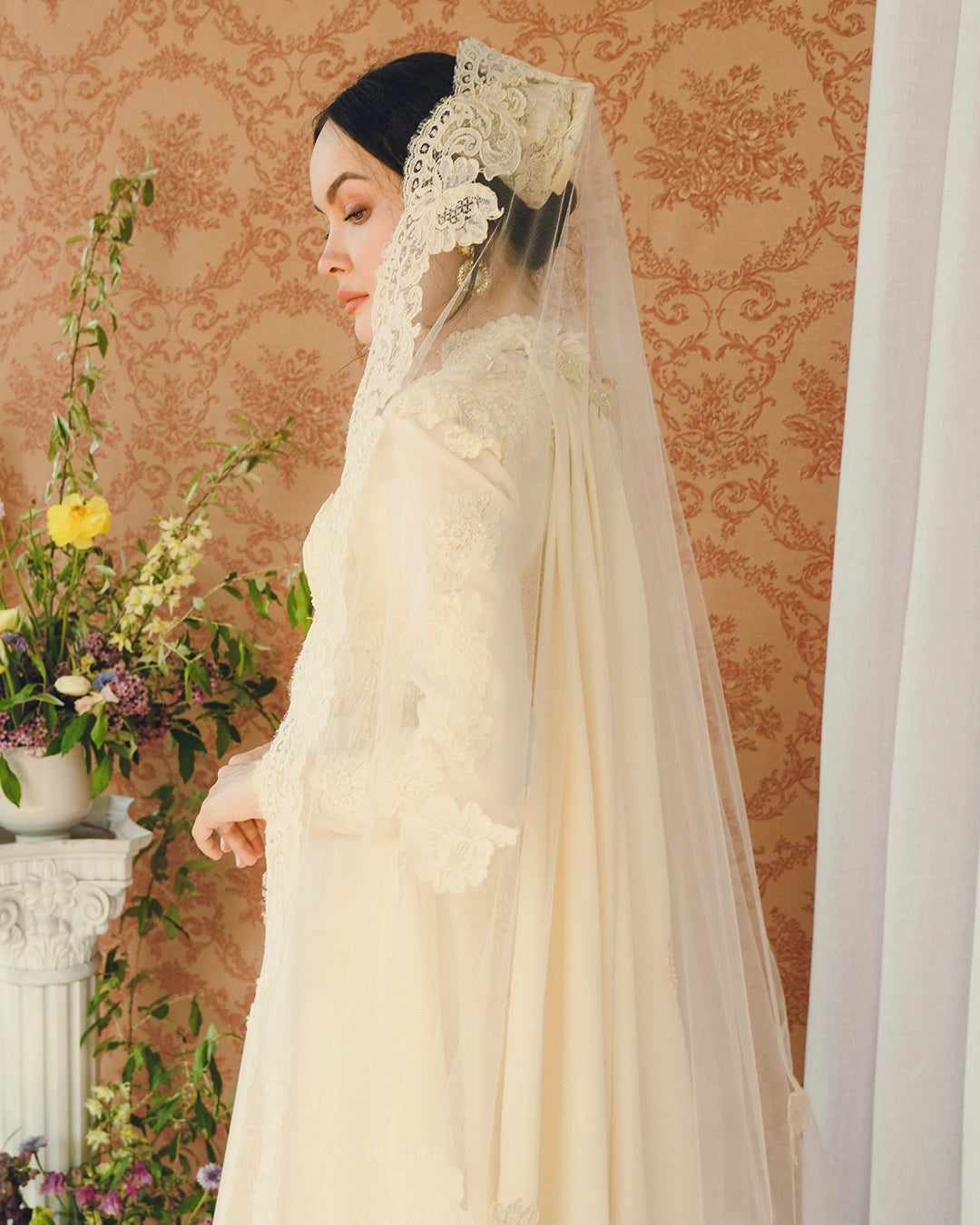 Vintage Long-Sleeve Court Train Wedding Gown With Detachable Watteau Cape; Matching Headpiece And Veil