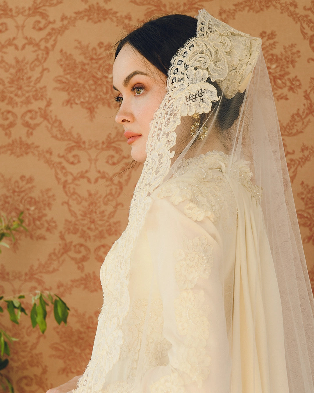 Vintage Long-Sleeve Court Train Wedding Gown With Detachable Watteau Cape; Matching Headpiece And Veil