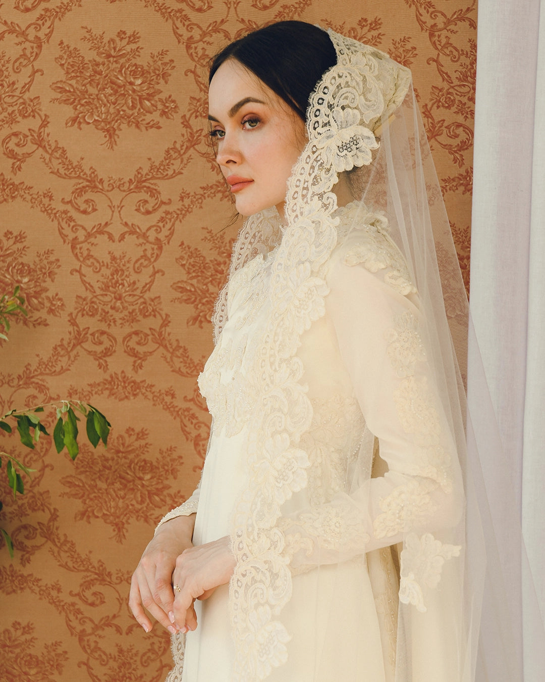 Vintage Long-Sleeve Court Train Wedding Gown With Detachable Watteau Cape; Matching Headpiece And Veil