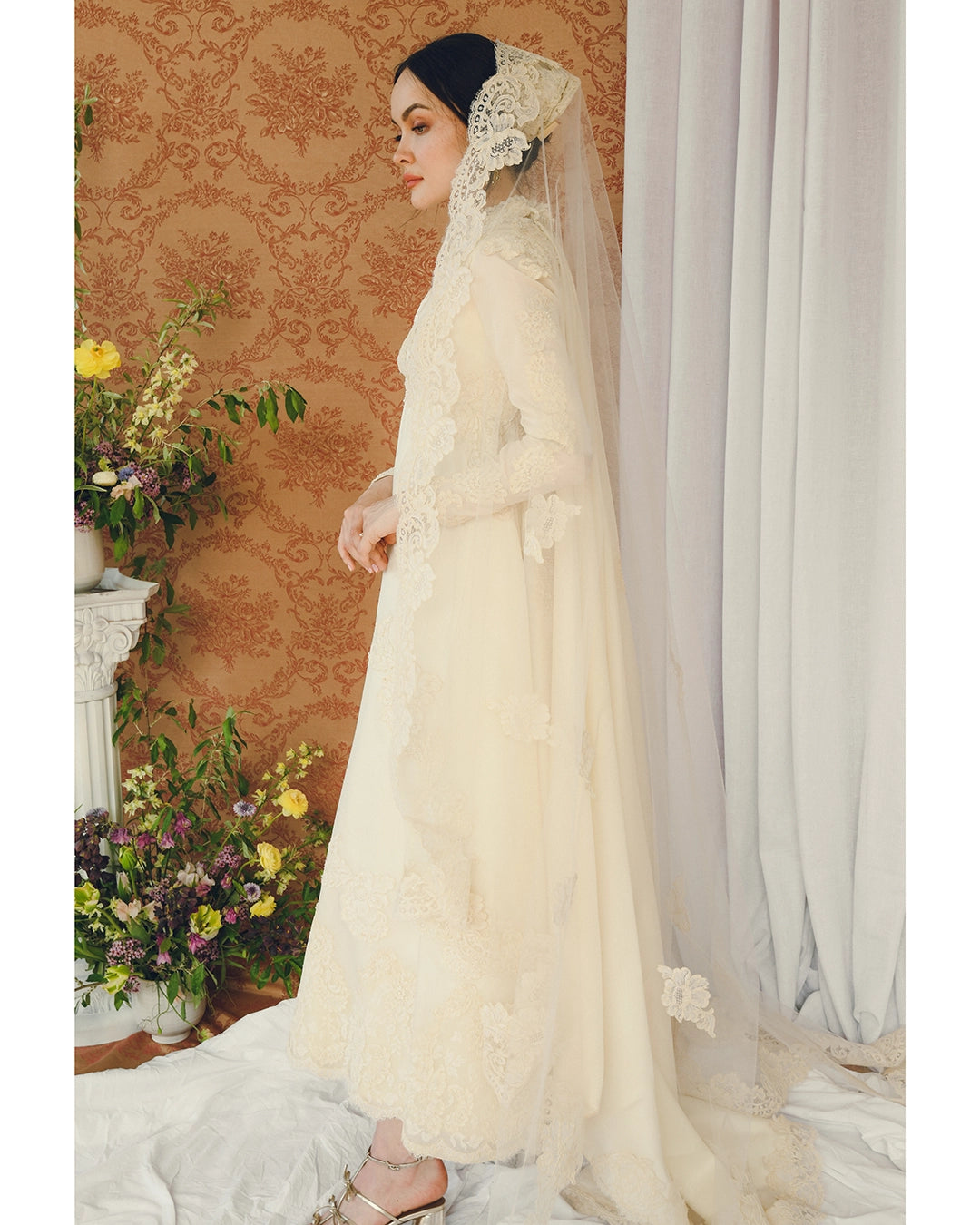 Vintage Long-Sleeve Court Train Wedding Gown With Detachable Watteau Cape; Matching Headpiece And Veil