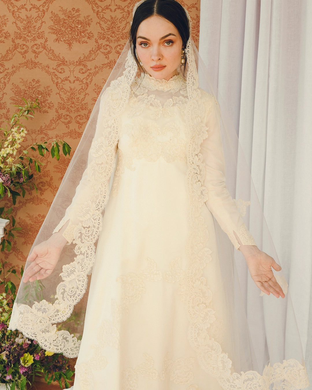 Vintage Long-Sleeve Court Train Wedding Gown With Detachable Watteau Cape; Matching Headpiece And Veil