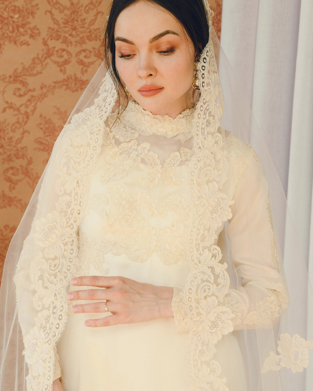 Vintage Long-Sleeve Court Train Wedding Gown With Detachable Watteau Cape; Matching Headpiece And Veil