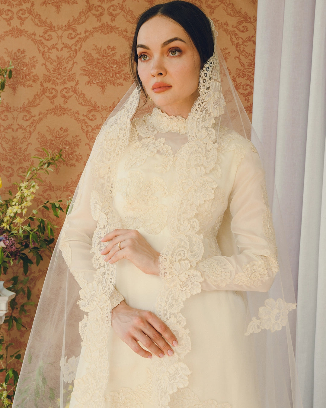 Vintage Long-Sleeve Court Train Wedding Gown With Detachable Watteau Cape; Matching Headpiece And Veil