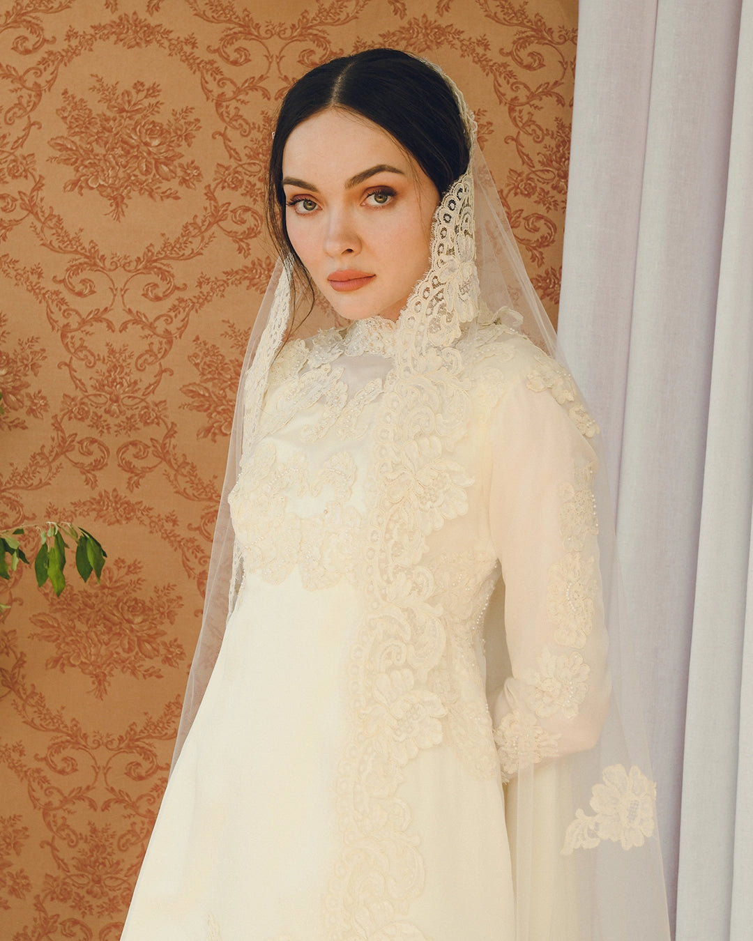 Vintage Long-Sleeve Court Train Wedding Gown With Detachable Watteau Cape; Matching Headpiece And Veil