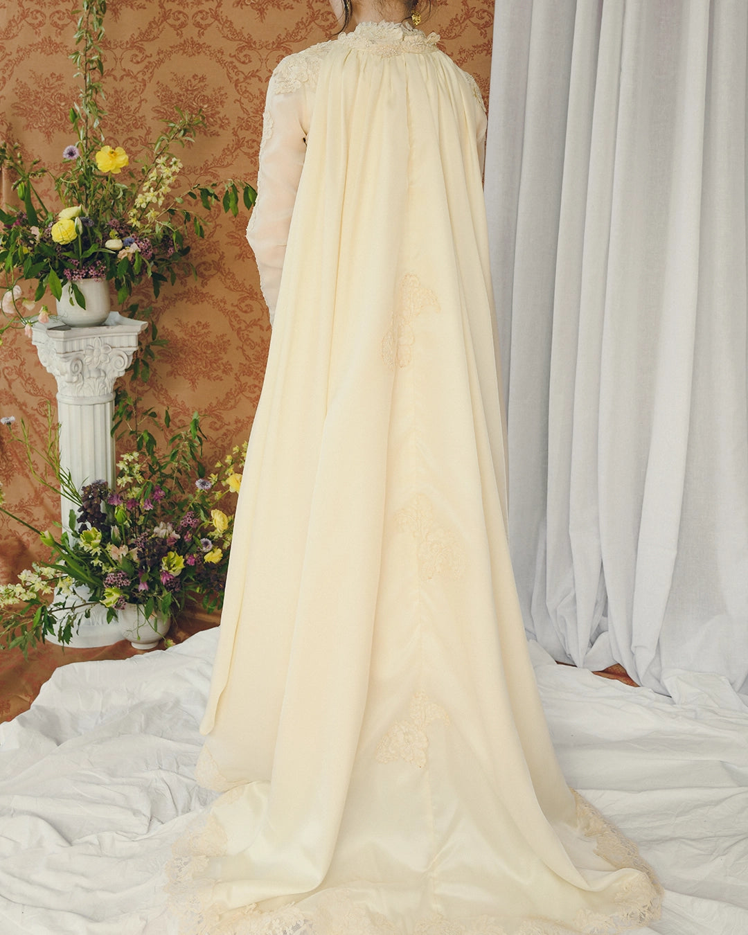 Vintage Long-Sleeve Court Train Wedding Gown With Detachable Watteau Cape; Matching Headpiece And Veil