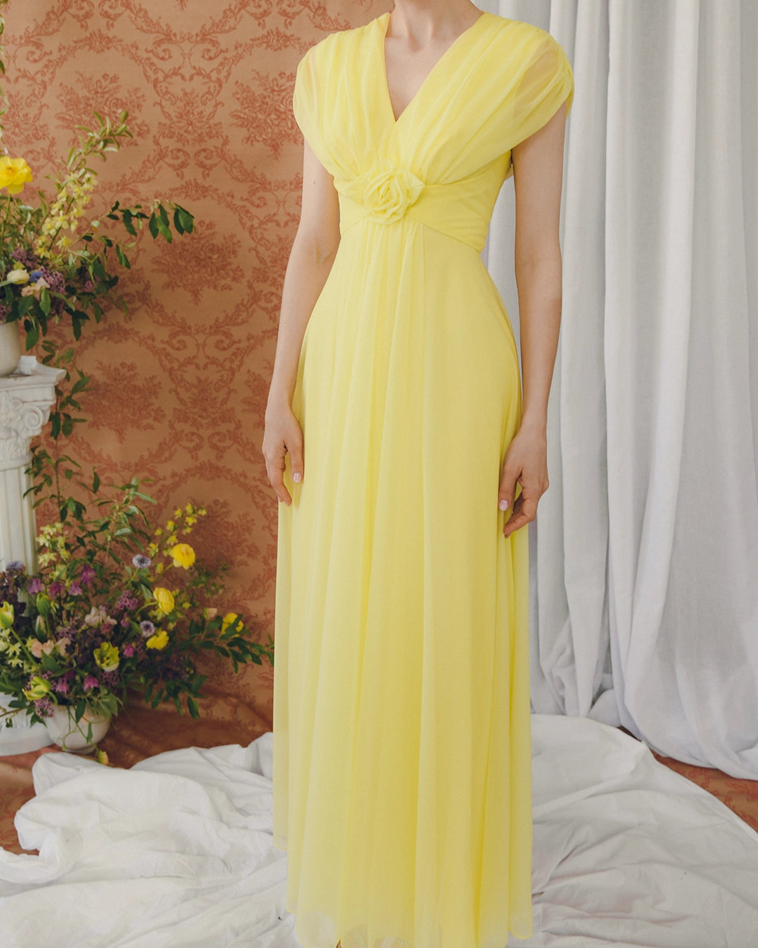 Vintage 1960s Yellow Tulle Rosette Gown