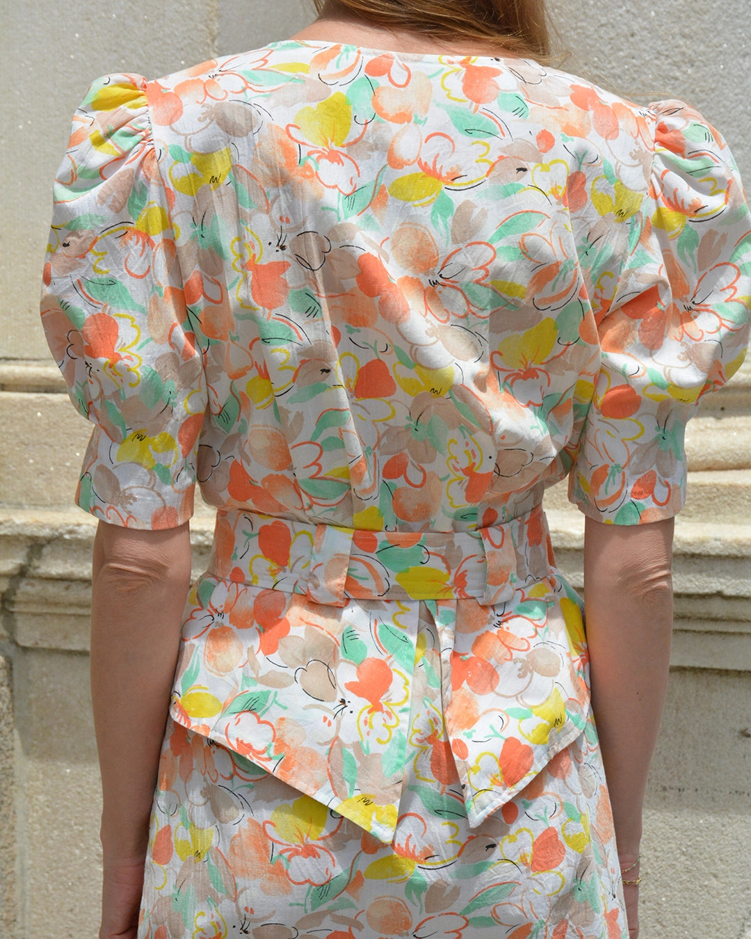Vintage 1980s-does-1940s Citrus Floral Peplum Shirtdress