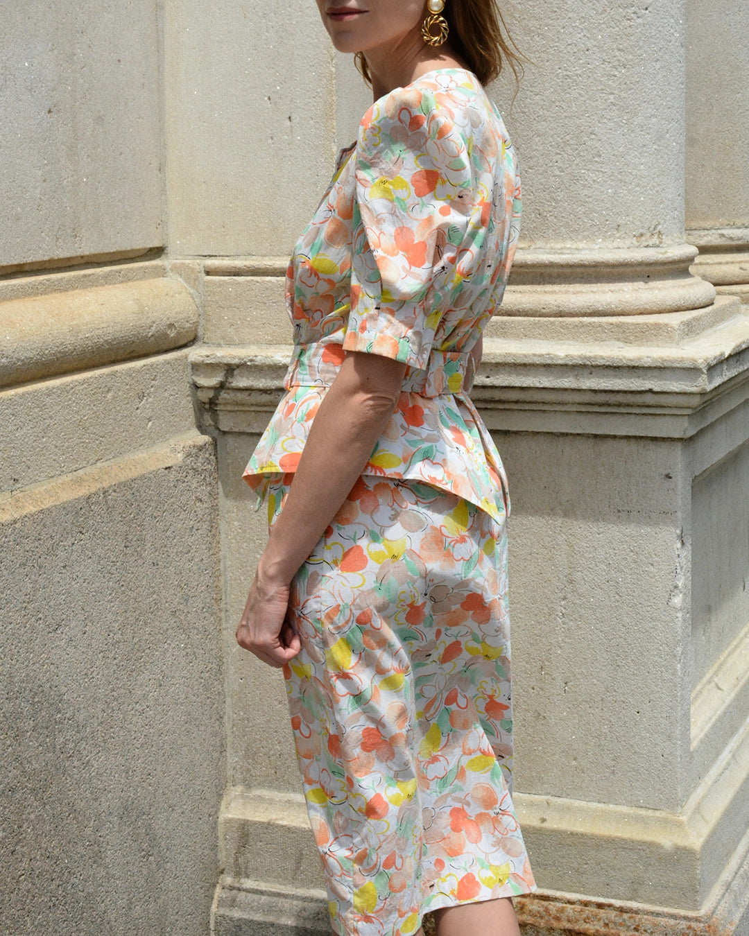 Vintage 1980s-does-1940s Citrus Floral Peplum Shirtdress