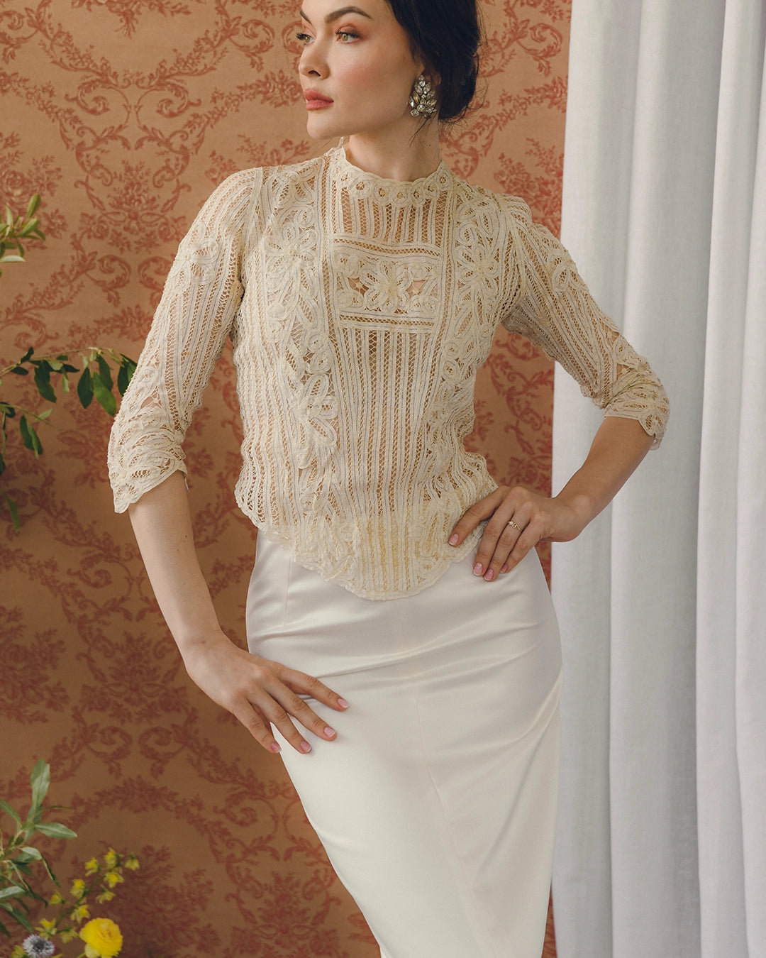 Vintage 90s Designer Ivory Satin Column Skirt