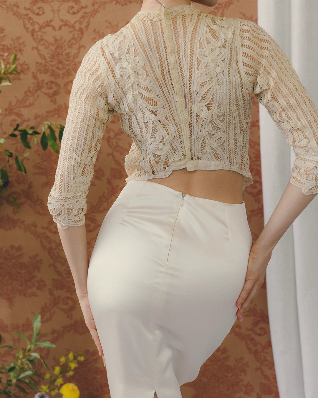 Vintage 90s Designer Ivory Satin Column Skirt
