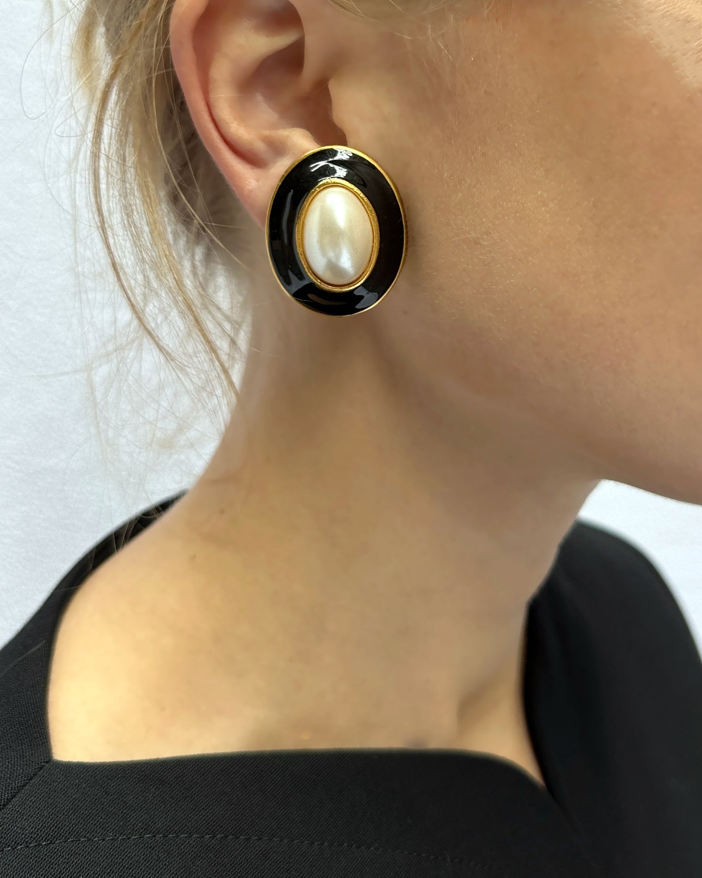 Vintage Black Enamel And Pearl Oversized Stud Earrings