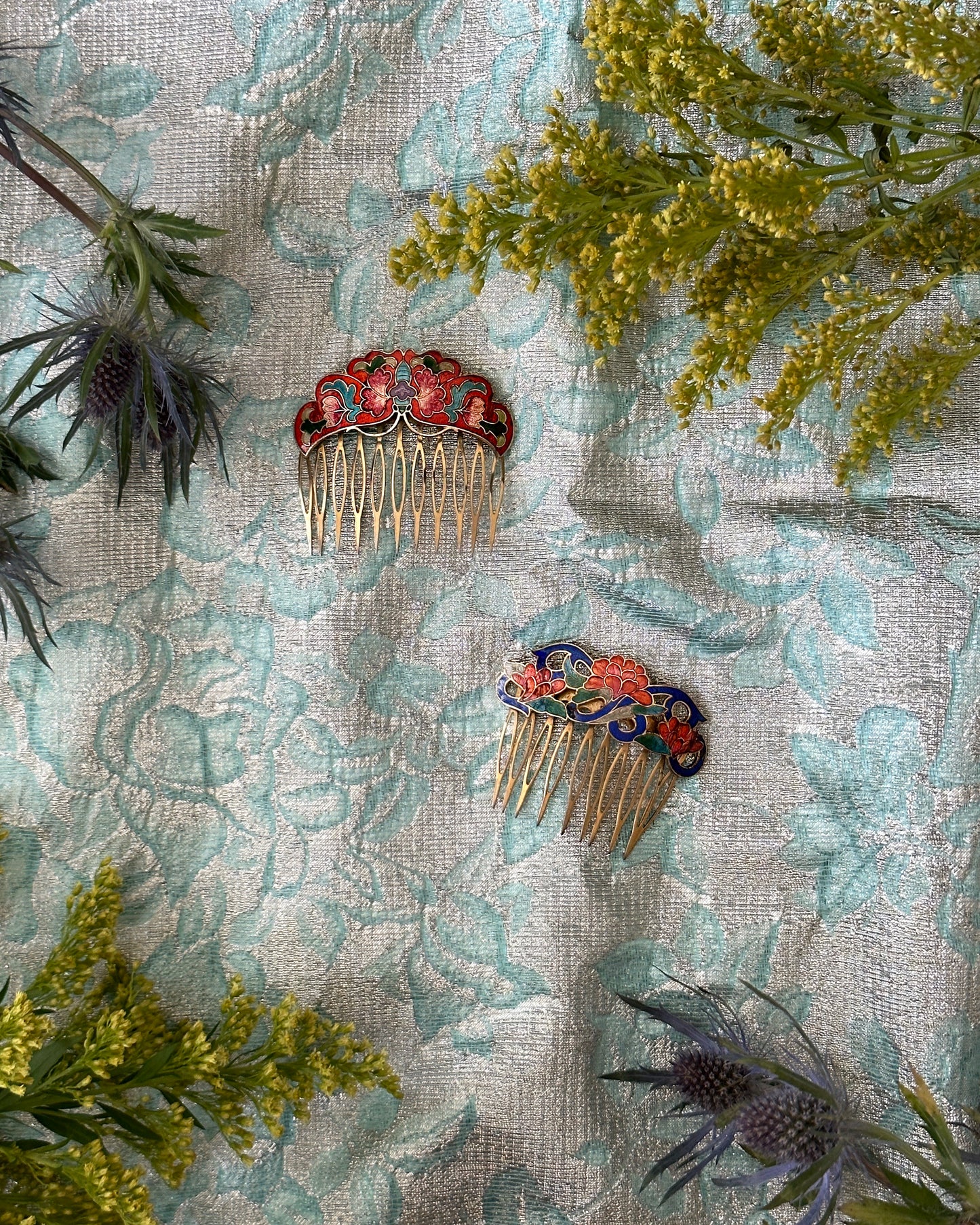 Vintage Cloisonné Enamel Hair Combs