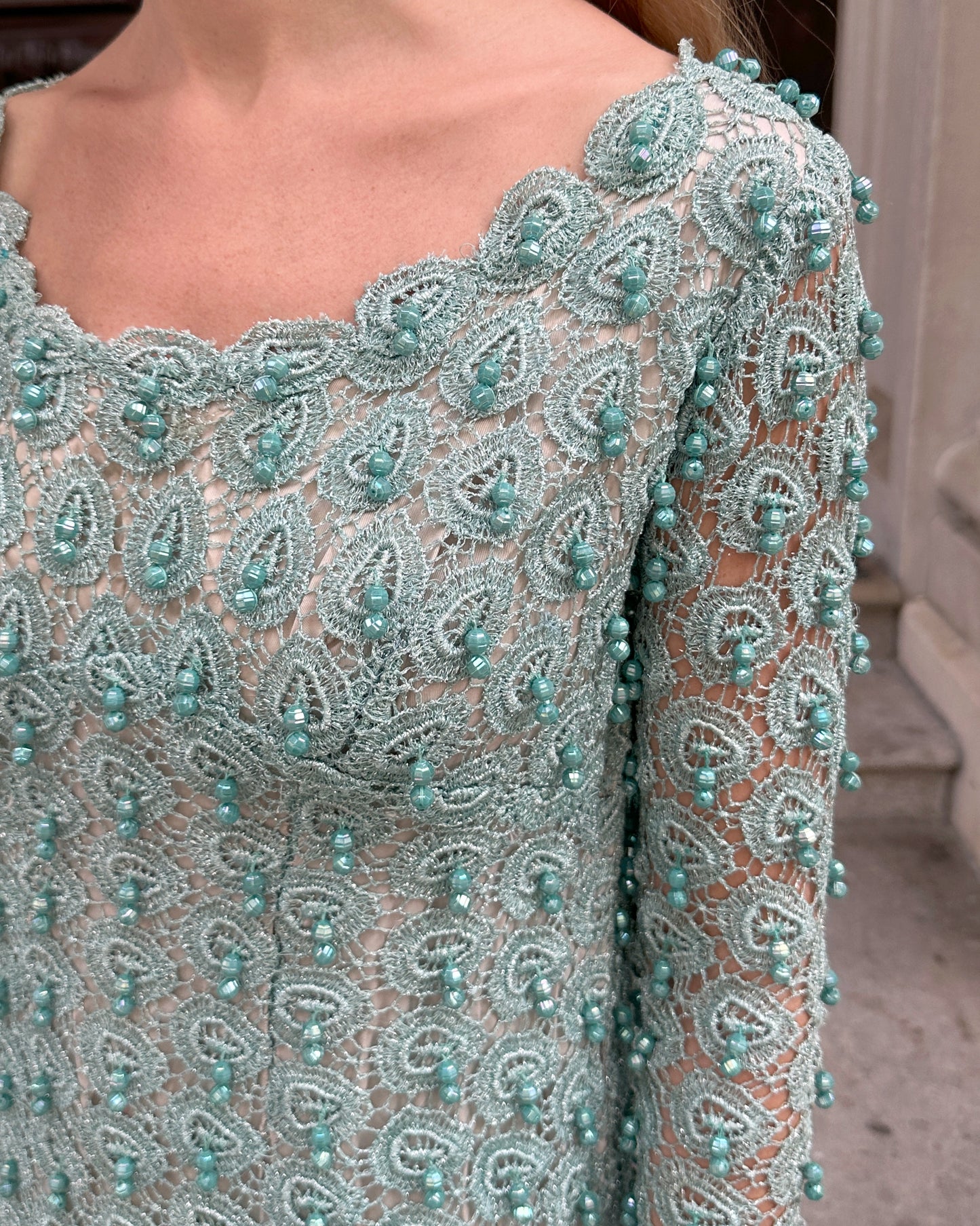 Vintage Embellished Crochet Long Sleeve Dress