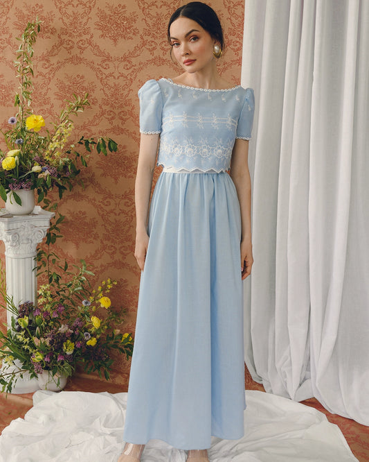 VINTAGE EYELET TWO-PIECE COLUMN DRESS SET WITH MATCHING CROPPED BLOUSE