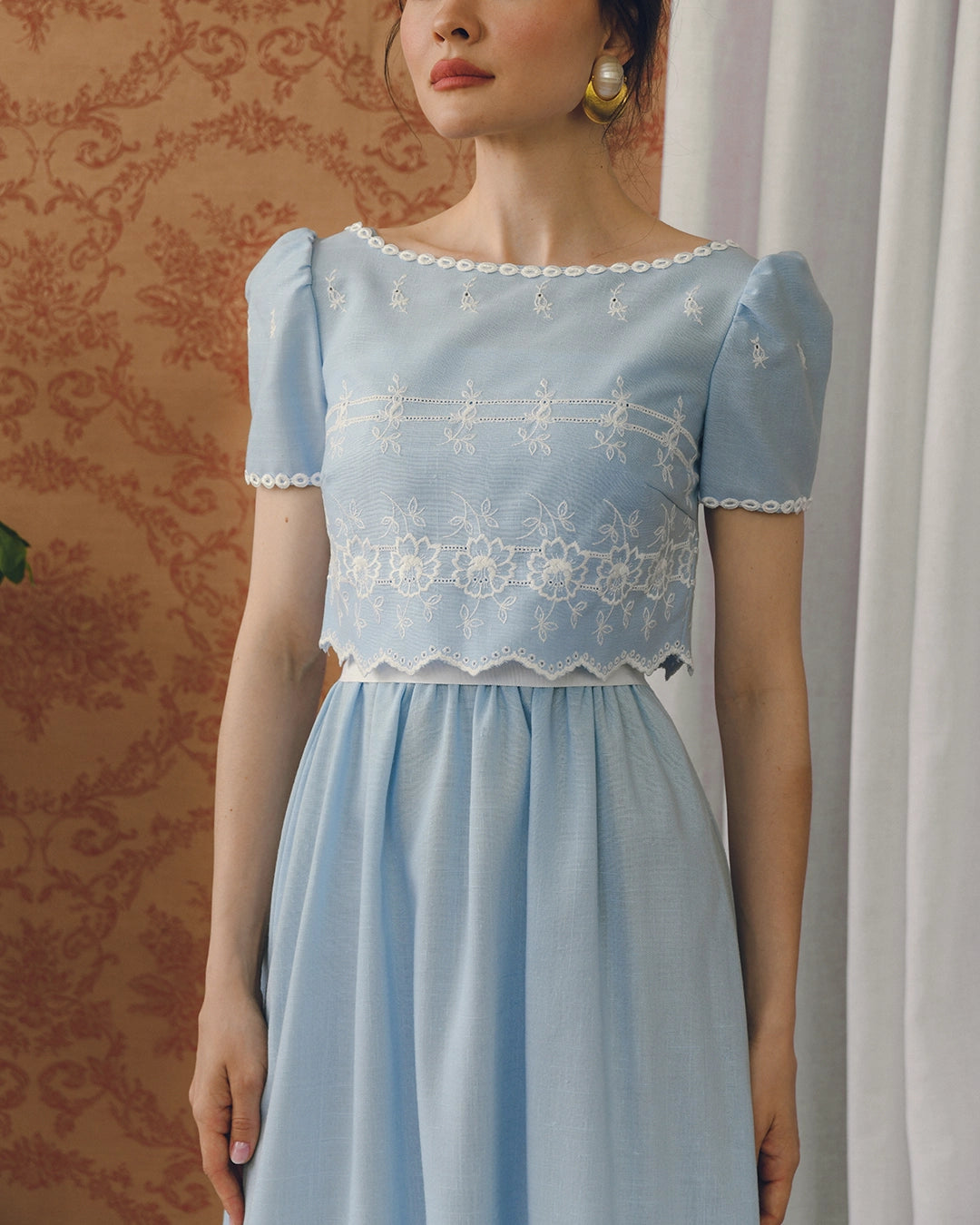 VINTAGE EYELET TWO-PIECE COLUMN DRESS SET WITH MATCHING CROPPED BLOUSE