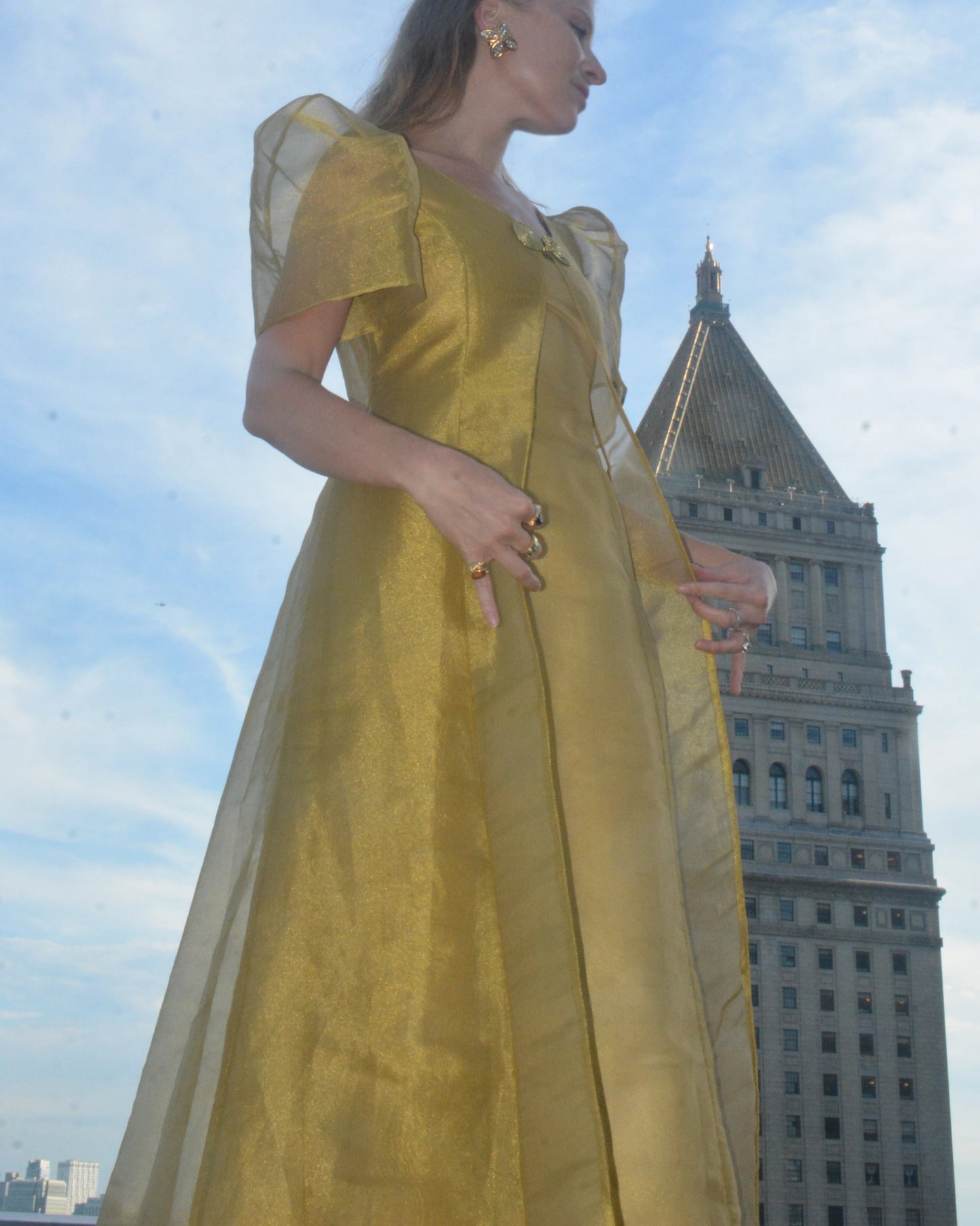 VINTAGE GOLD ORGANZA PRINCESS-CUT GOWN WITH ROBE OVERLAY