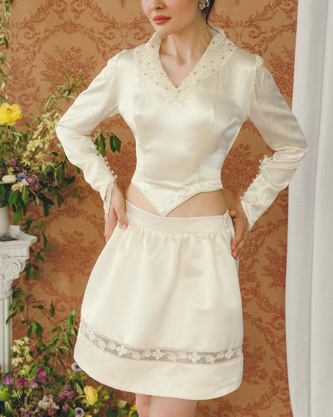 Vintage Ivory Silk Mesh-Inset Miniskirt