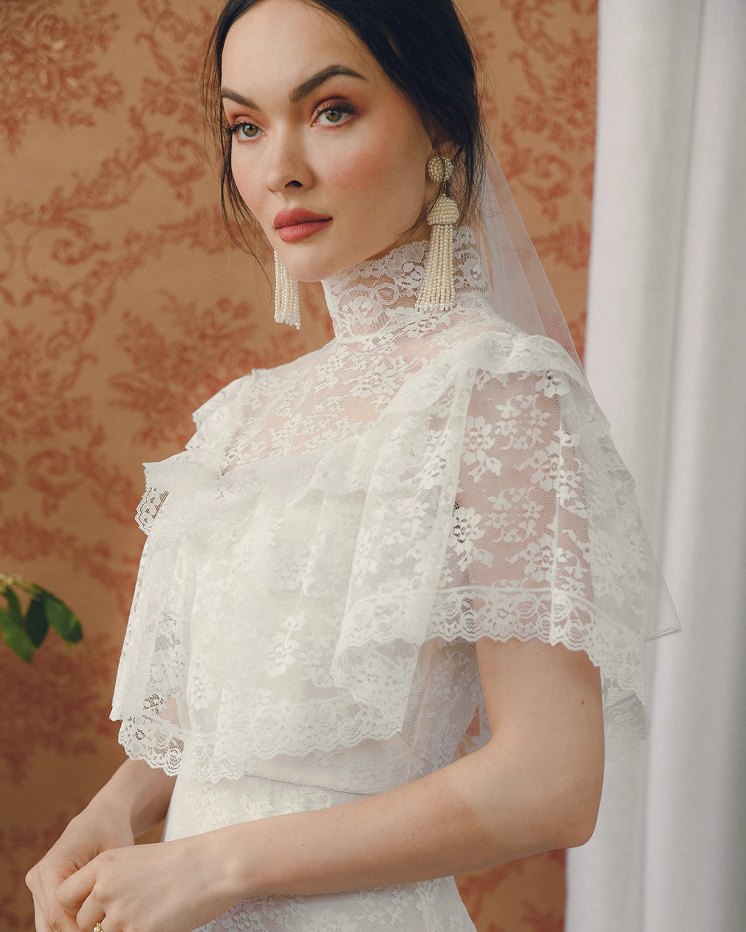 Vintage Ivory Lace High-Neck Dress With Cape Collar